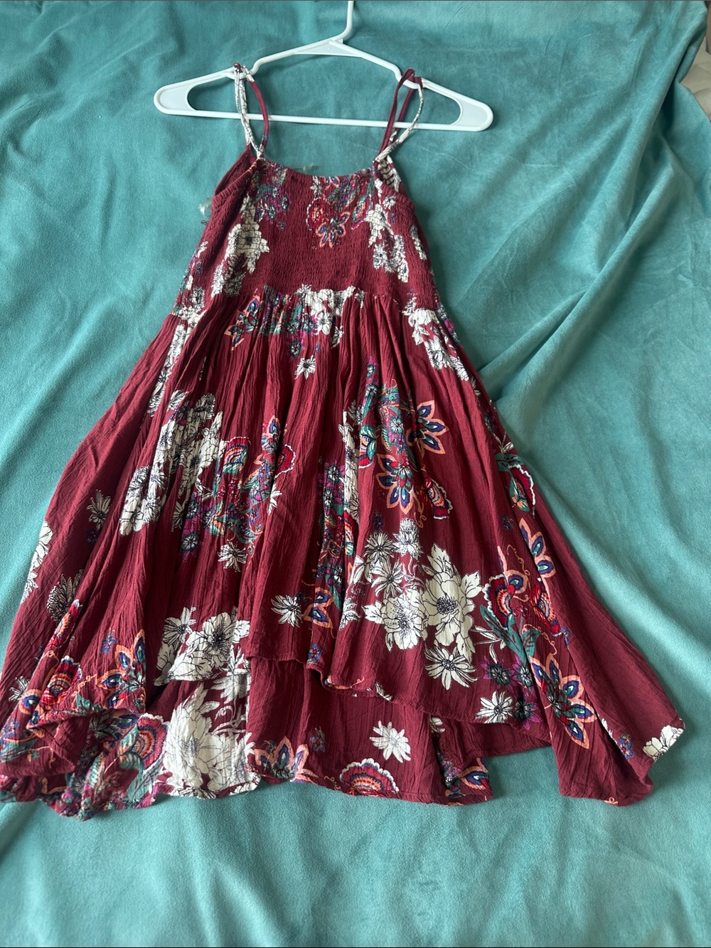 Smocked Burgundy Floral Casual Sundress with Spaghetti Straps